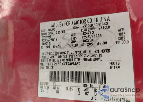 2004 Ford Ranger Edge/Tremor/Xlt из США, поврежденный, VIN 1FTZR45EX4TA05462